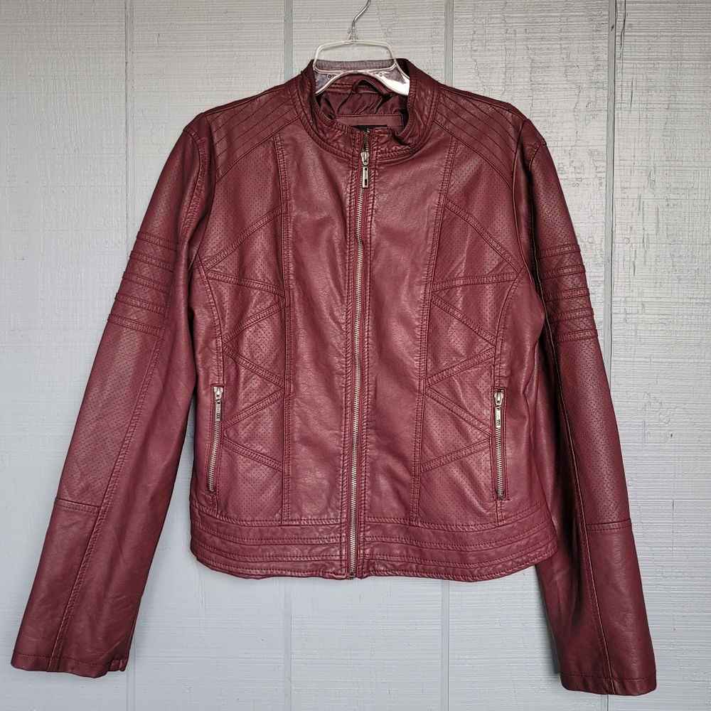 Women's Burgundy Faux Leather Zip-Up Jacket